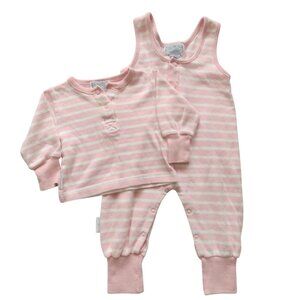 Vintage 90s Baby Nordstrom Pink Outfit 9M White Stripe Soft Knit Overalls Top